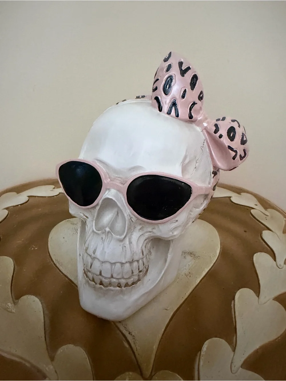 Resin Halloween Skull with Pink Sunglasses & Cheetah Bow